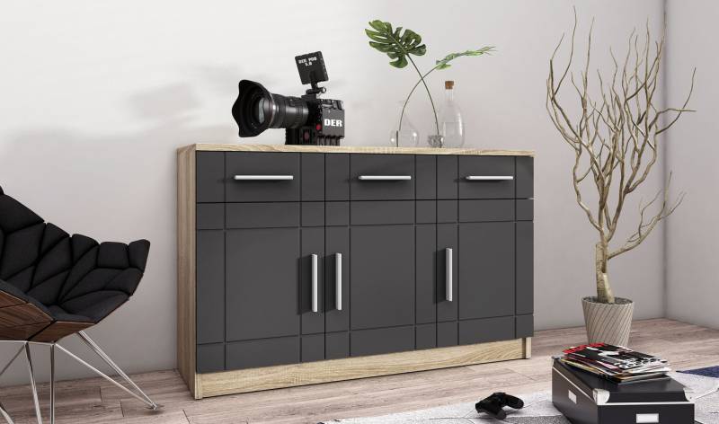 Moderne Kommode mit matten Tiefzieh-Fronten, Kommode, 3-türig, Grau-Eiche Moderne Kommode mit matten Tiefzieh-Fronten, Kommode, 3-türig, Grau-Eiche von BADER