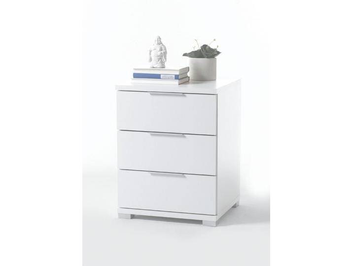 Nachttisch mit metallfarbenen Kunststoffgriffen, Nachttisch, 3 Schubladen, Weiss von BADER