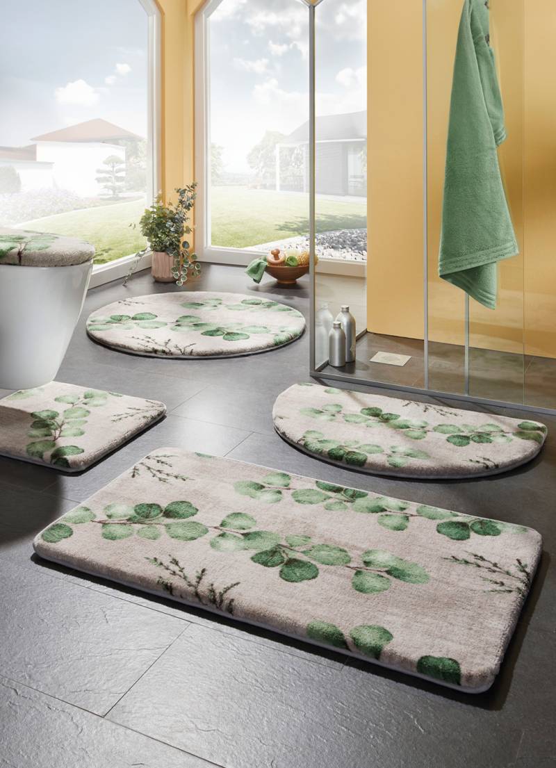 Naturnahe Badgarnitur mit Eukalyptus-Blätter-Motiv, Größe 108 (Stand-WC-Vorleger, 50x 50 cm), Beige-Grün von BADER