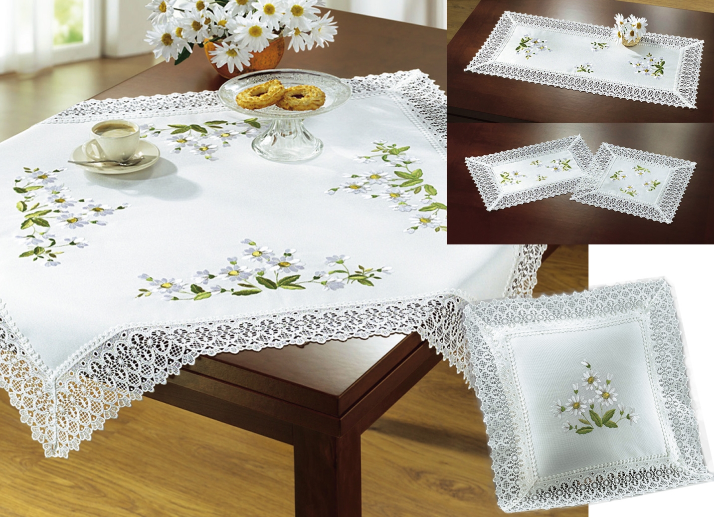 Pflegeleichte Tisch- und Raumdekoration mit Gänseblümchen-Stickerei, Größe 130 (Deckchen, 40/ 40 cm), Weiss von BADER