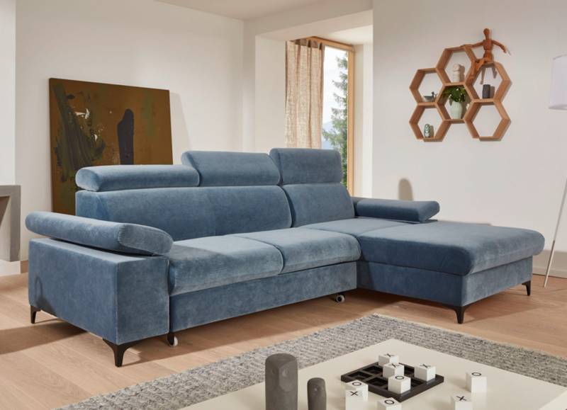 Polsterecke mit Bettfunktion und Bettkasten in der Ottomane, Maße 260x177 cm, Blau von BADER