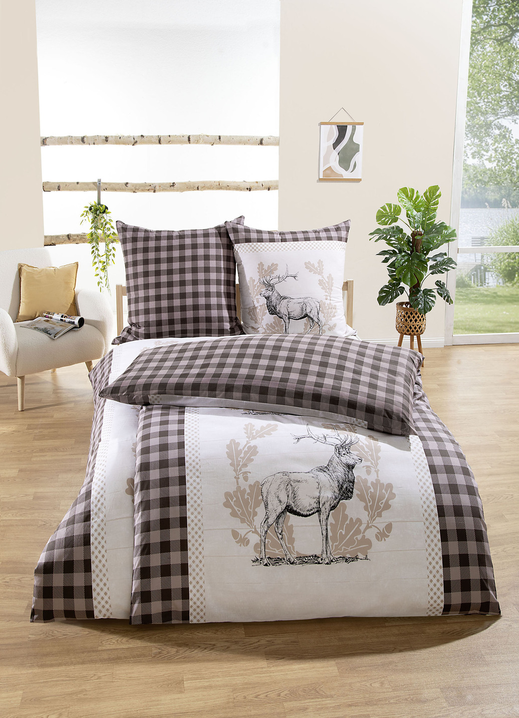 Rustikale Bettwäsche-Garnitur mit Hirsch-Motiv, Größe 112 (80/80 cm + 135/200 cm), Braun-Bunt von BADER