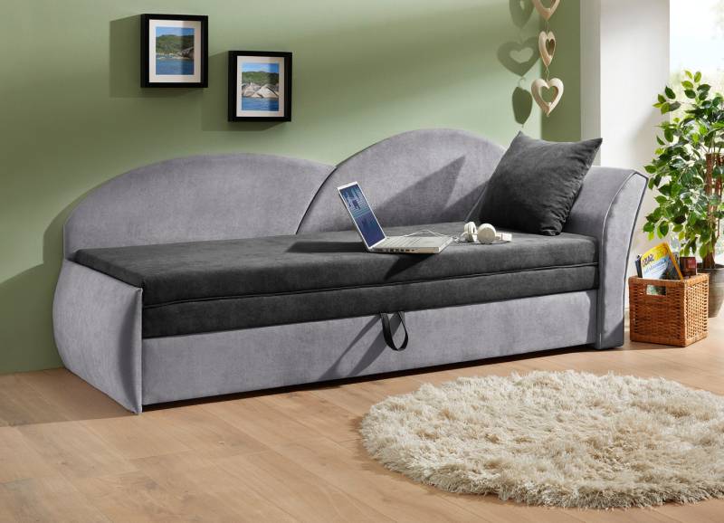 Schlafsofa mit Bettkasten und 1 Dekokissen, Armlehne rechts, Anthrazit-Grau von BADER