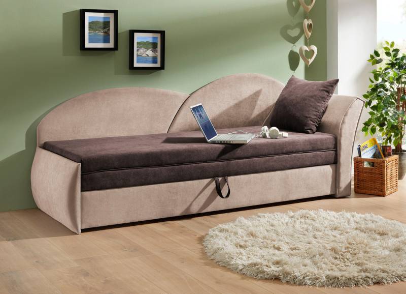 Schlafsofa mit Bettkasten und 1 Dekokissen, Armlehne rechts, Braun-Beige von BADER