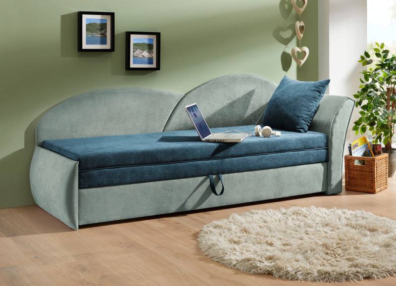 Schlafsofa mit Bettkasten und 1 Dekokissen, Armlehne rechts, Grün-Mint von BADER