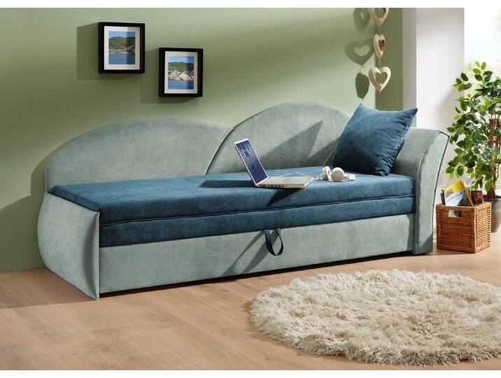 Schlafsofa mit Bettkasten und 1 Dekokissen, Armlehne rechts, Grün-Mint von BADER