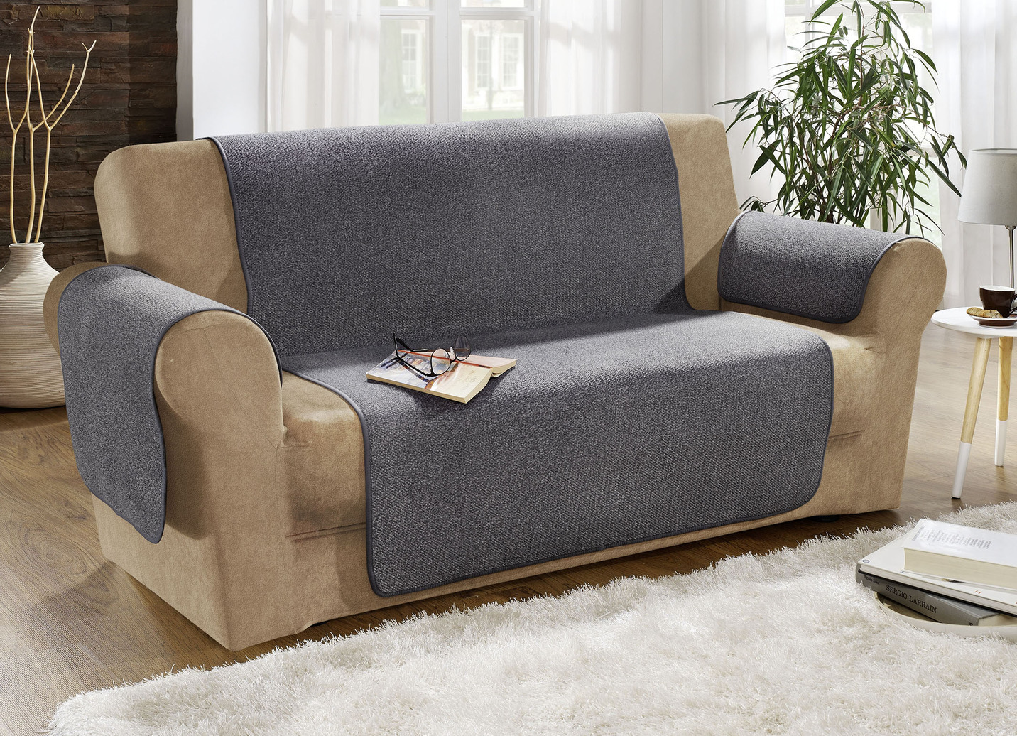 Sessel-, Couch- und Armlehnenschoner mit Anti-Rutsch-Beschichtung, Größe 101 (Sesselschoner, 50x150 cm), Grau von BADER