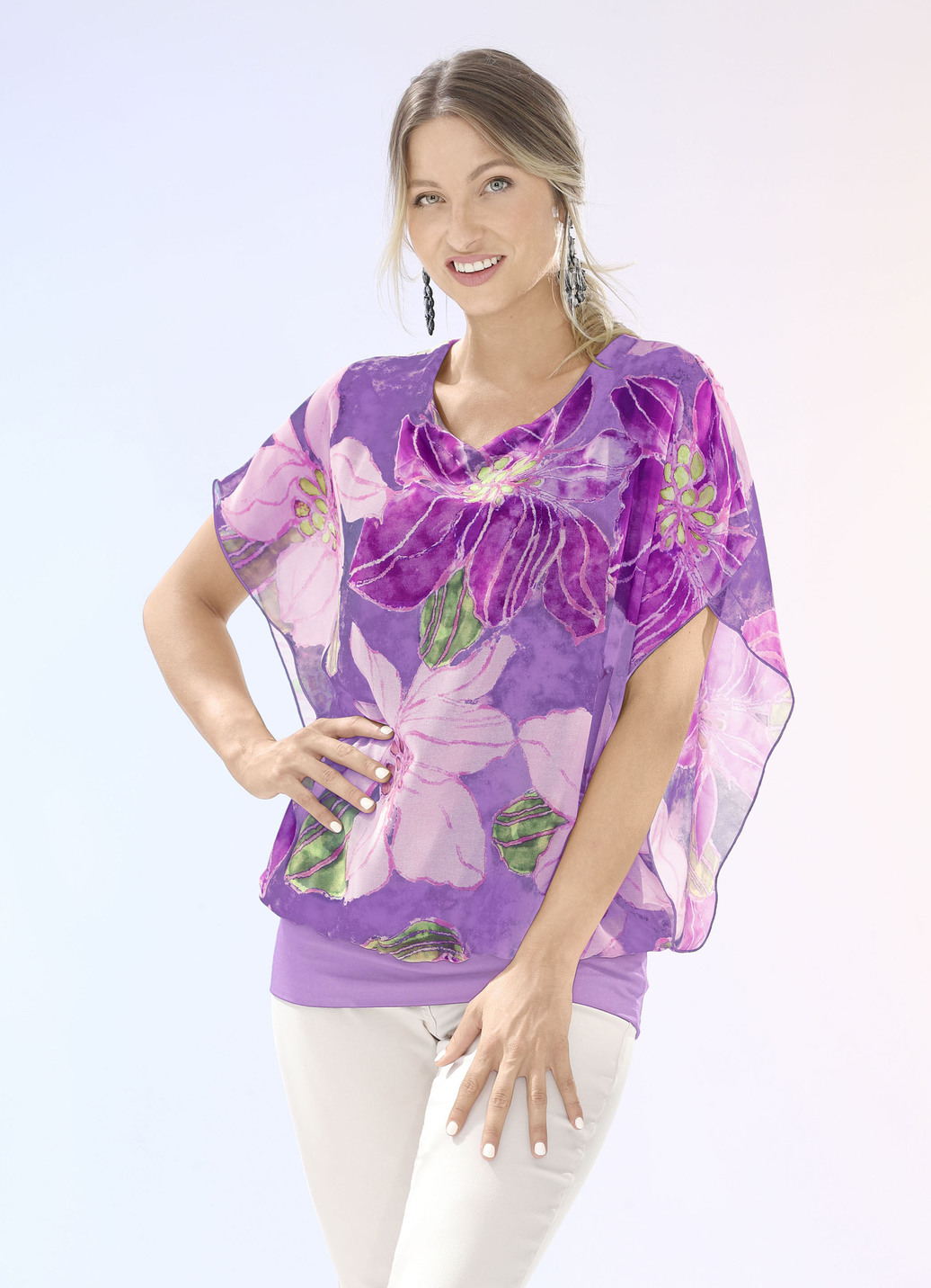 Shirtbluse mit Chiffon-Überwurf in 2 Farben, Flieder-Aubergine-Beige, Größe 36 von BADER