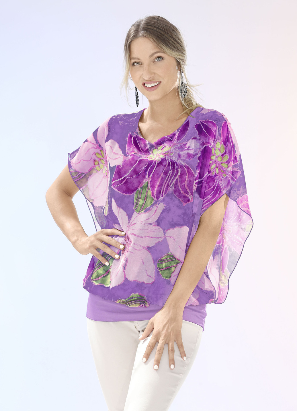 Shirtbluse mit Chiffon-Überwurf in 2 Farben, Flieder-Aubergine-Beige, Größe 42 von BADER