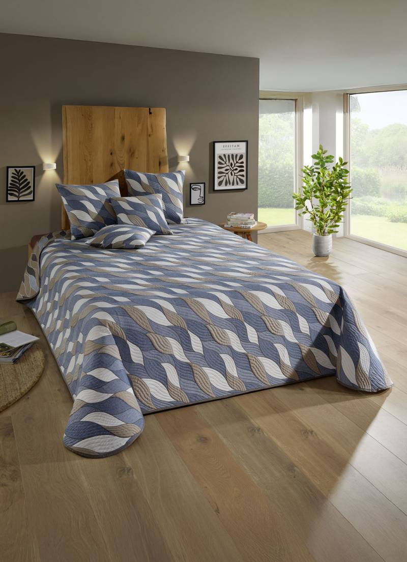 Tagesdecke und Kissenbezüge in Jacquard-Qualität, Größe 920 (2 Kissenbezüge, 40x 40 cm), Blau von BADER