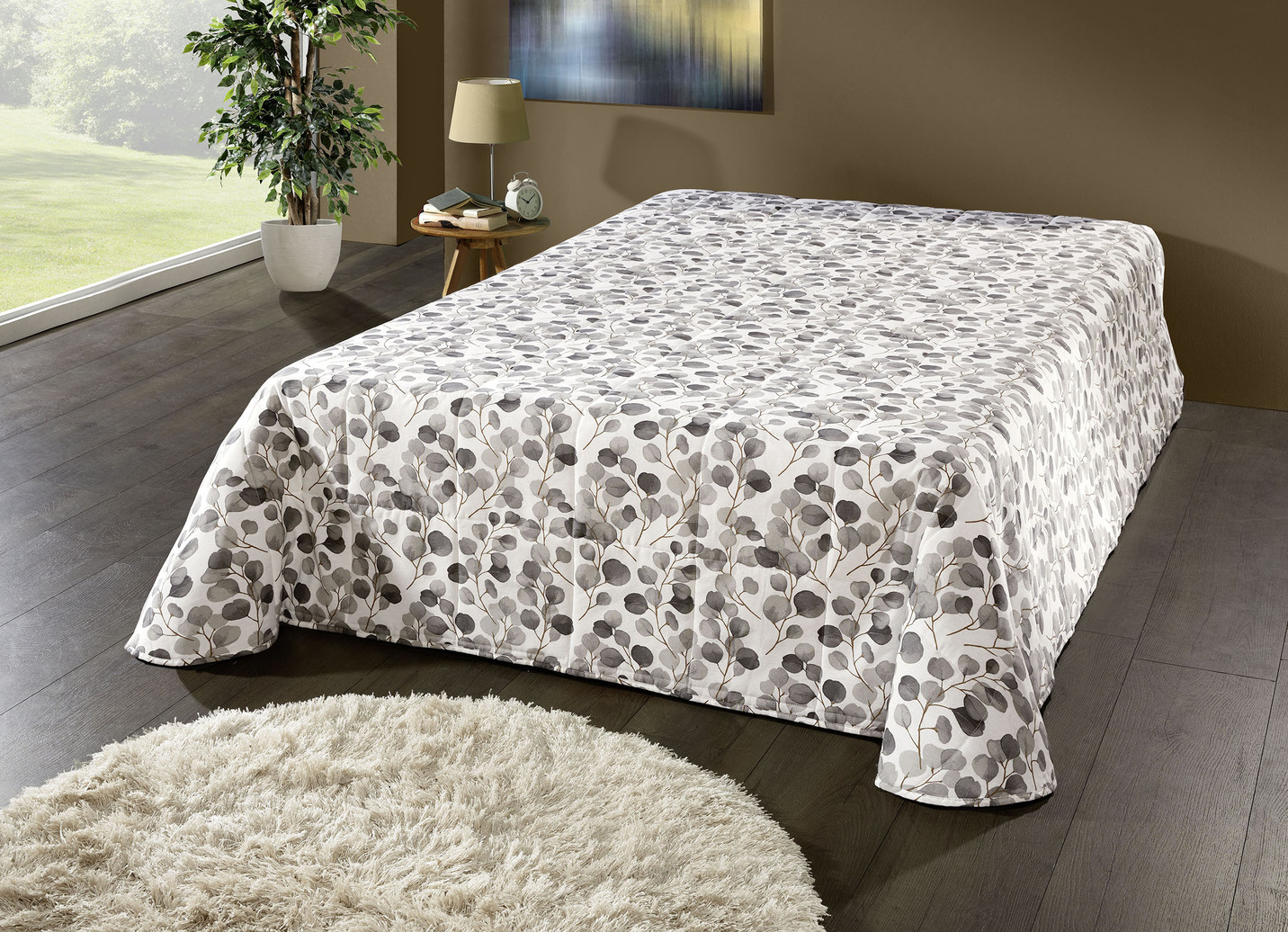 Tagesdecke und Kissenbezüge mit Blättermotiv, Größe 873 (Einzelbett, 135x210 cm), Grau von BADER