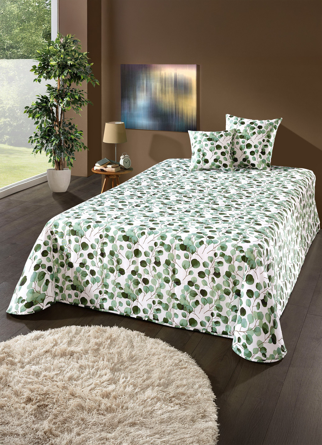 Tagesdecke und Kissenbezüge mit Blättermotiv, Größe 873 (Einzelbett, 135x210 cm), Grün von BADER