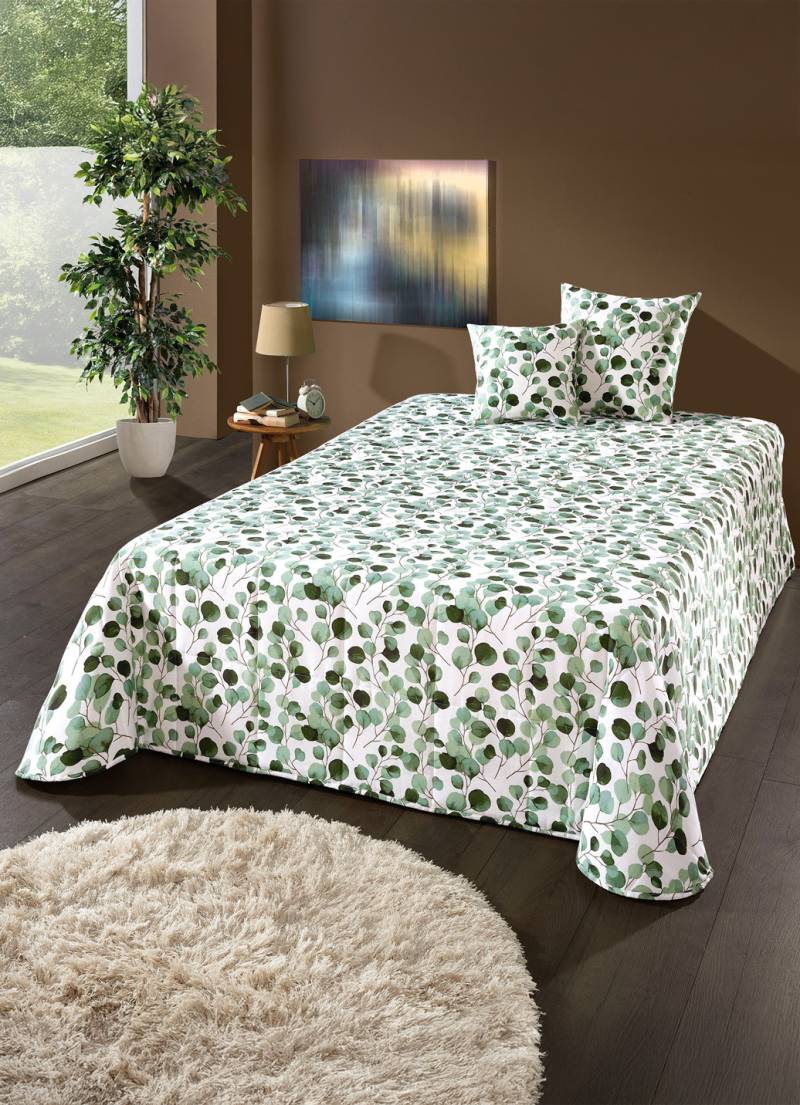 Tagesdecke und Kissenbezüge mit Blättermotiv, Größe 873 (Einzelbett, 135x210 cm), Grün von BADER