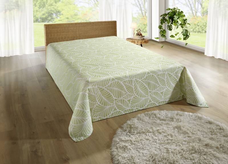 Tagesdecke und Kissenbezüge mit naturnahen Blättermotiven, Größe 906 (franz. Bett, 220x250 cm), Grün von BADER