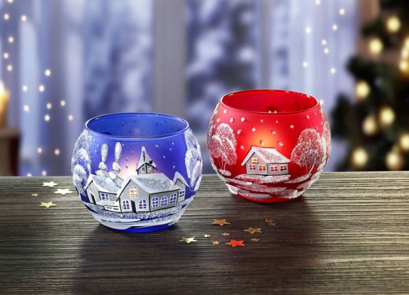 Teelichthalter aus Glas im 2er-Set, Rot-Dunkelblau von BADER