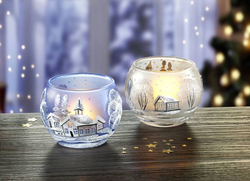 Teelichthalter aus Glas im 2er-Set, Weiss-Hellblau von BADER