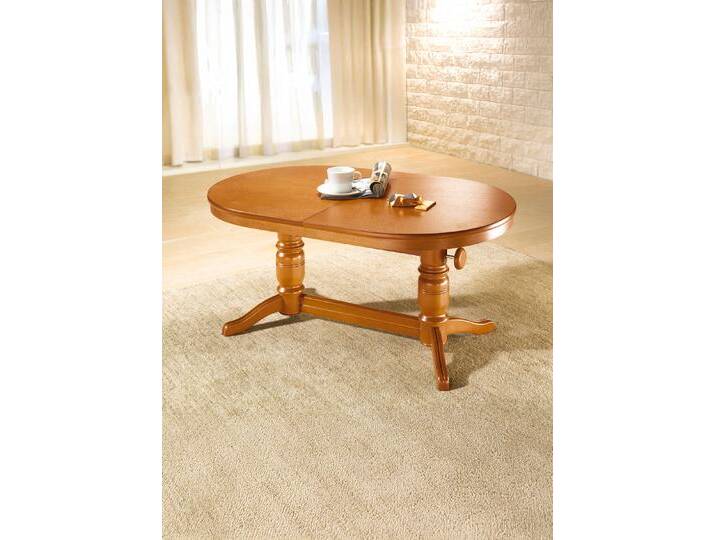 Teilmassiver Couchtisch mit gedrechseltem Tischgestell, oval, höhenverstellbar und ausziehbar, Eiche Rustikal von BADER