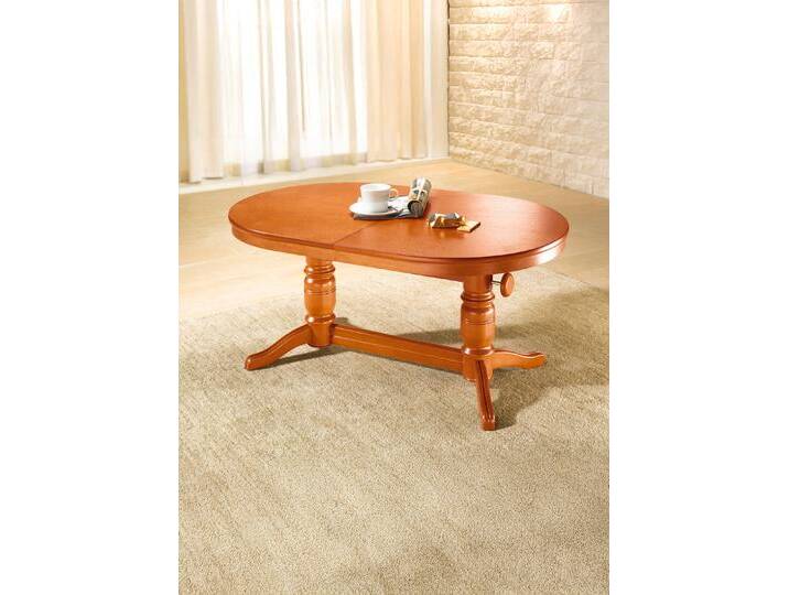 Teilmassiver Couchtisch mit gedrechseltem Tischgestell, oval, höhenverstellbar und ausziehbar, Kirschbaum von BADER