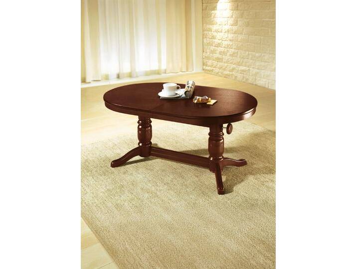 Teilmassiver Couchtisch mit gedrechseltem Tischgestell, oval, höhenverstellbar und ausziehbar, Nussbaum von BADER
