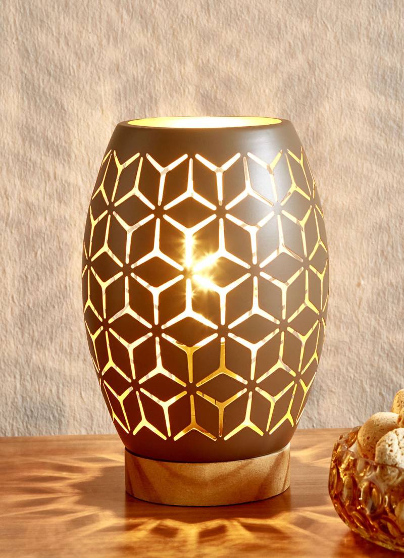 Tischleuchte mit Metall-Lampenschirm und Holz-Sockel, Braun-Gold von BADER