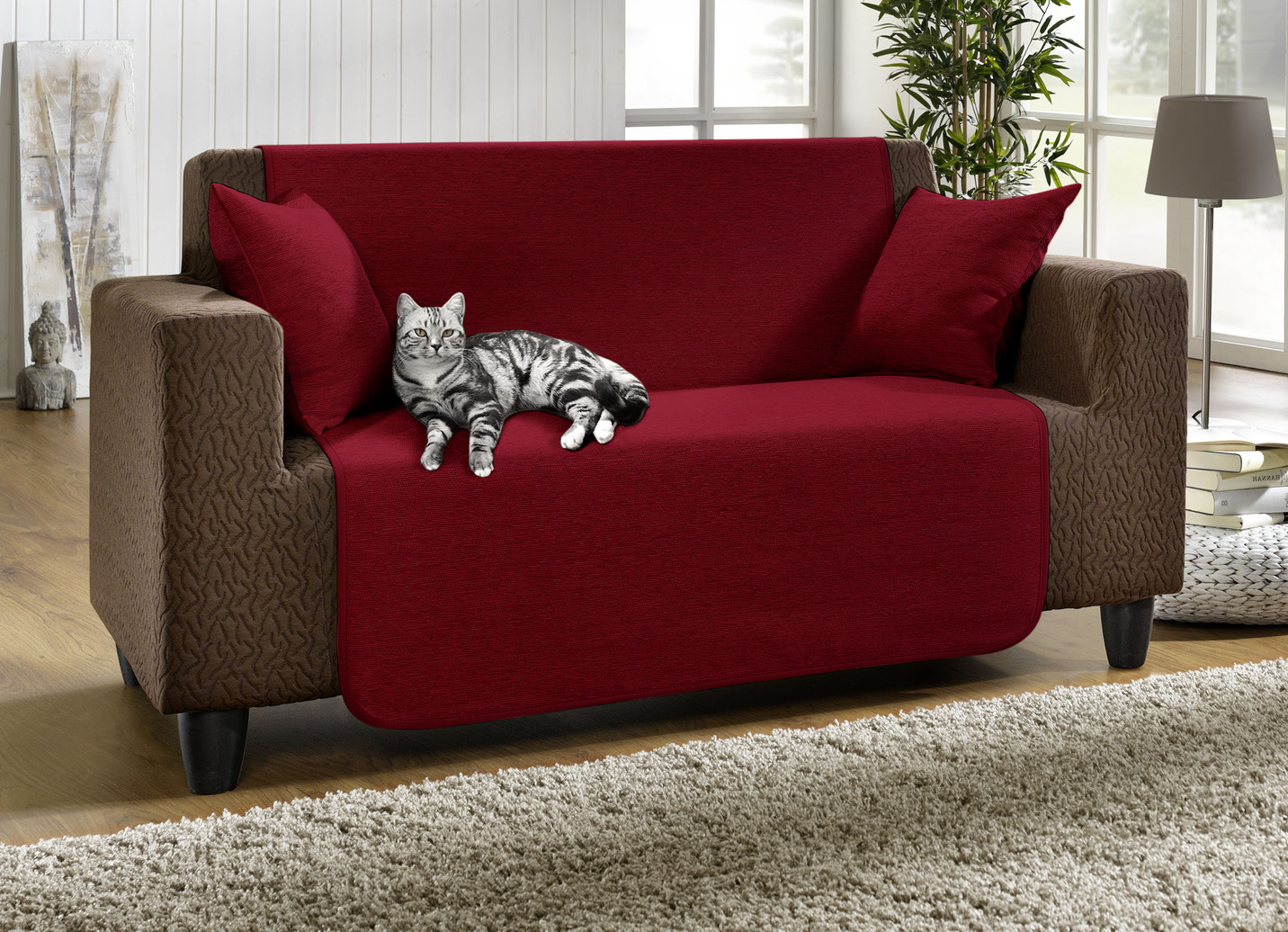Unempfindliche Sessel-,Couch- und Armlehnenschoner aus Chenille, Größe 905 (2 Kissenbezüge, 40x 40 cm), Bordeaux von BADER