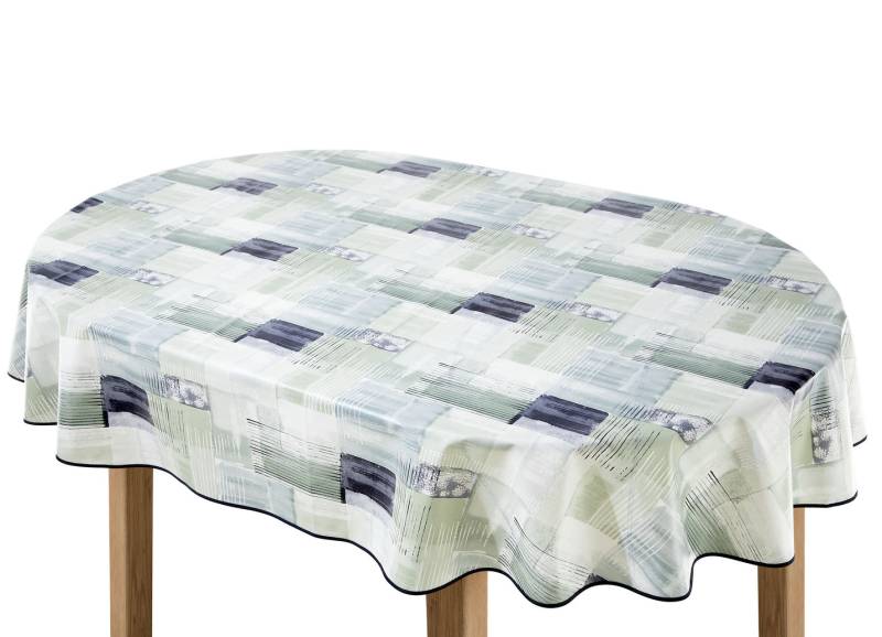 Wachstuch-Tischdecke in Patchwork-Optik, Größe 190 (Tischdecke oval, 140x190 cm), Grün-Bunt von BADER