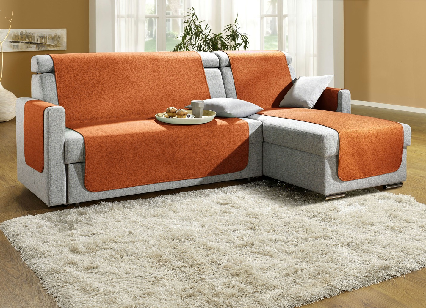 Sessel-,Couch- und Armlehnenschoner mit Bandeinfassung, Größe 101 (Sesselschoner, 50x150 cm), Orange von BADER