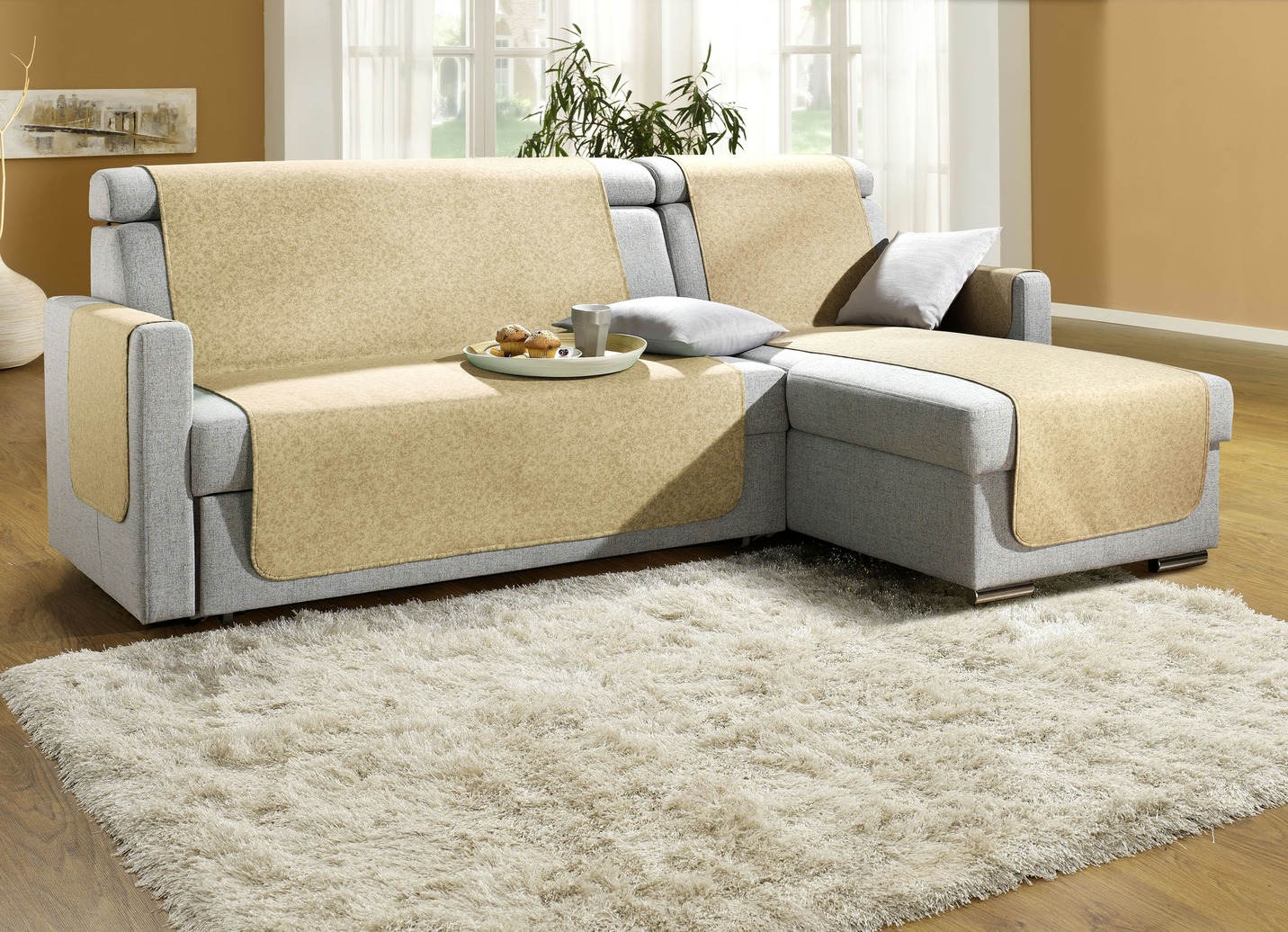 Sessel-,Couch- und Armlehnenschoner mit Bandeinfassung, Größe 103 (Couchschoner, 100x200 cm), Beige von BADER