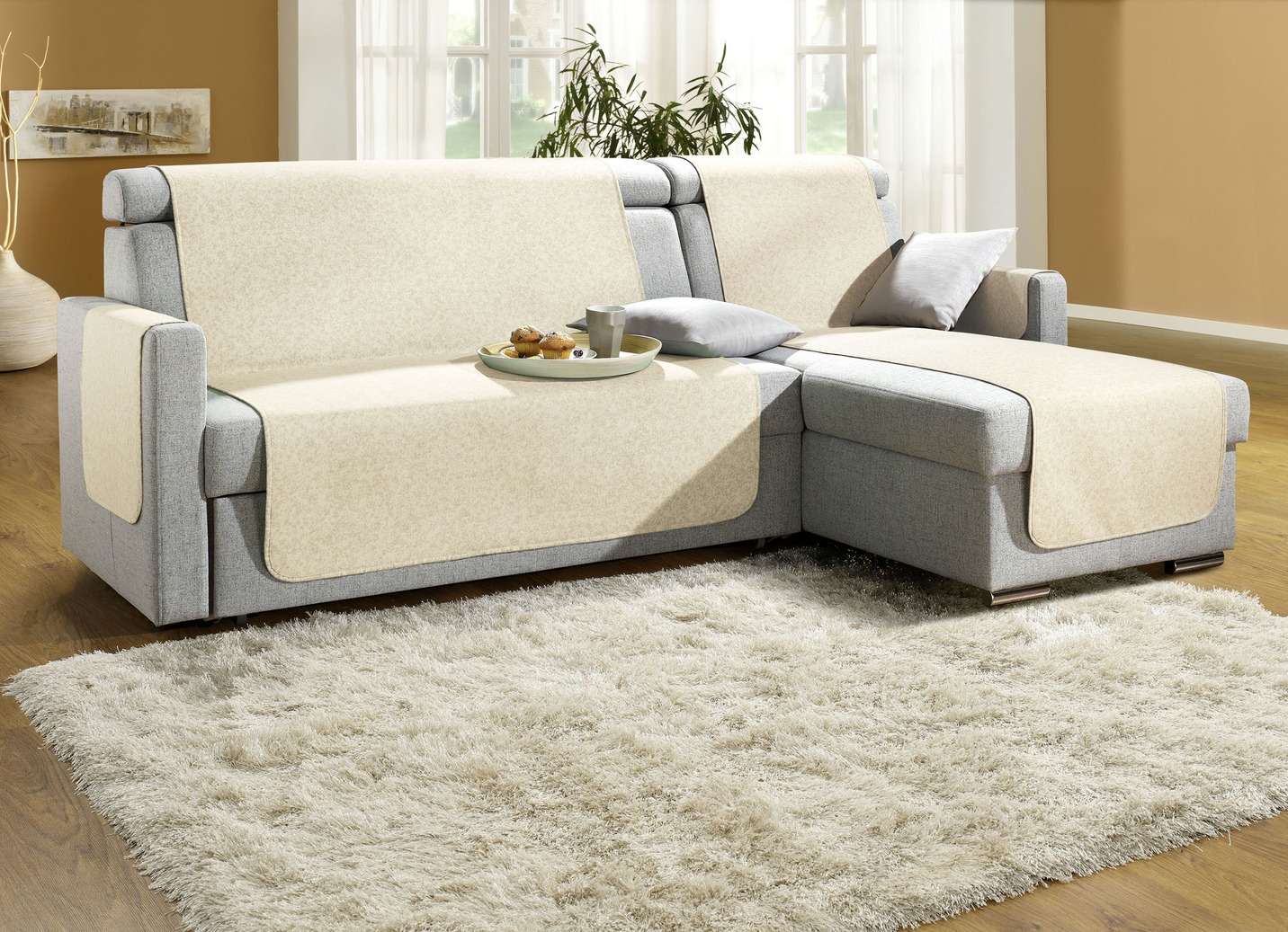 Sessel-,Couch- und Armlehnenschoner mit Bandeinfassung, Größe 103 (Couchschoner, 100x200 cm), Creme von BADER