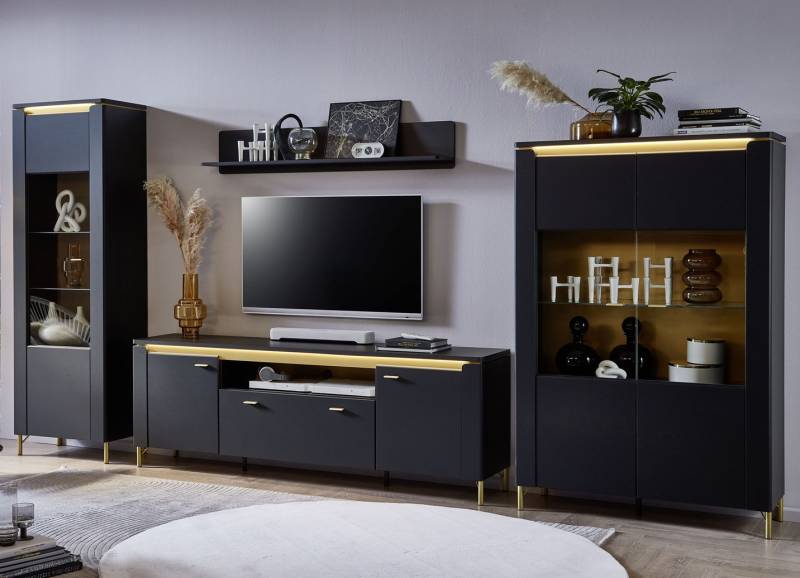 Wohnwand mit LED-Beleuchtung und Softclose, ohne Aufbauservice, Schwarz-Gold Wohnwand mit LED-Beleuchtung und Softclose, ohne Aufbauservice, Schwarz-Gold von BADER