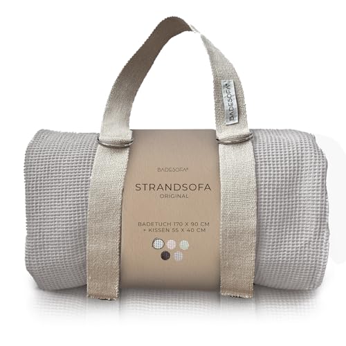 BADESOFA® STRANDSOFA | Made in EU | Waffel Piqué aus 100% Bio-Baumwolle | Extra bequemes Strandtuch mit Kissen & Tragegurt | Strand-Set atmungsaktiv & waschbar | Strand-Zubehör in Grau von BADESOFA