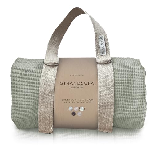 BADESOFA® STRANDSOFA | Made in EU | Waffel Piqué aus 100% Bio-Baumwolle | Extra bequemes Strandtuch mit Kissen & Tragegurt | Strand-Set atmungsaktiv & waschbar | Strand-Zubehör in Grün von BADESOFA