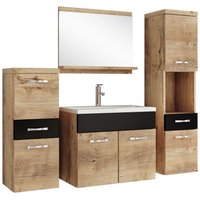 Badezimmer Badmöbel Set Alba 60cm Waschbecken Kastanien Eiche mit Schwarz - Unterschrank Hochschrank Waschtisch Möbel - Kastanienen eiche mit matt von BADPLAATS