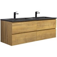 Badezimmer Badmöbel Set Angela 140 cm - Schwarzes Waschbecken - Eiche - Unterschrank Schrank Waschbecken Waschtisch - Eiche von BADPLAATS