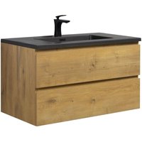 Badezimmer Badmöbel Set Angela 90 cm - Schwarzes Waschbecken - Eiche - Unterschrank Schrank Waschbecken Waschtisch - Eiche von BADPLAATS