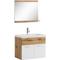 Badezimmer Badmöbel Set Montreal 02 60cm Waschbecken Eiche mit Weiß - Unterschrank Waschtisch Spiegel Möbel - Eiche mit hochglanz weiß von BADPLAATS