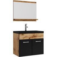 Badezimmer Badmöbel Set Montreal 02 60cm Waschbecken Schwarz - Eiche mit Mat Schwarz Unterschrank Waschtisch Spiegel Möbel - Eiche mit matt schwarz von BADPLAATS