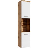 Badezimmer Schrank Paso 160cm Eiche mit Hochglanz Weiß – Regal Schrank Hochschrank Schrank Möbel Badschrank - Eiche mit hochglanz weiß von BADPLAATS