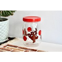 Vintage Teddybär Glas, Einmachglas Mit Deckel, 90Er Jahre Küchen Vorratsdose, Keksdose, Rotes Made in France von BADVENUS