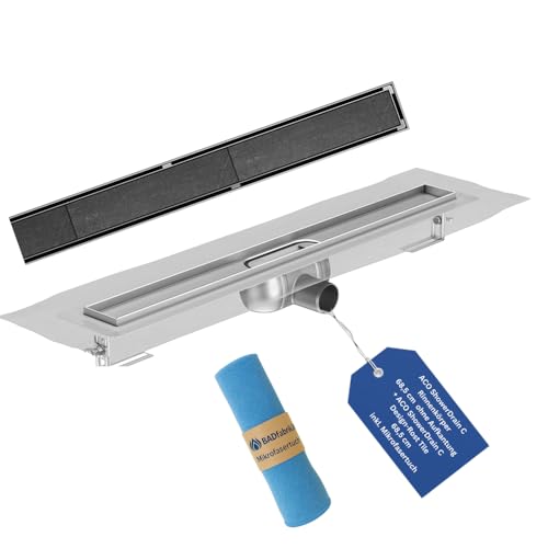 BADfabrik24 Duschrinne Komplettset Edelstahl ACO ShowerDrain C Einbauhöhe 5,7–12,8 cm inkl. Mikrofasertuch (Rinnenkörper ohne Aufkantung + befliesbarer Rost Tile 68,5 cm) von BADfabrik24
