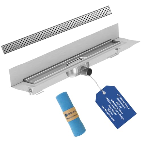 BADfabrik24 Duschrinne Komplettset Edelstahl ACO ShowerDrain C Einbauhöhe 5,7–12,8 cm inkl. Mikrofasertuch (Rinnenkörper mit Aufkantung hinten + Design-Rost Square 68,5 cm) von BADfabrik24