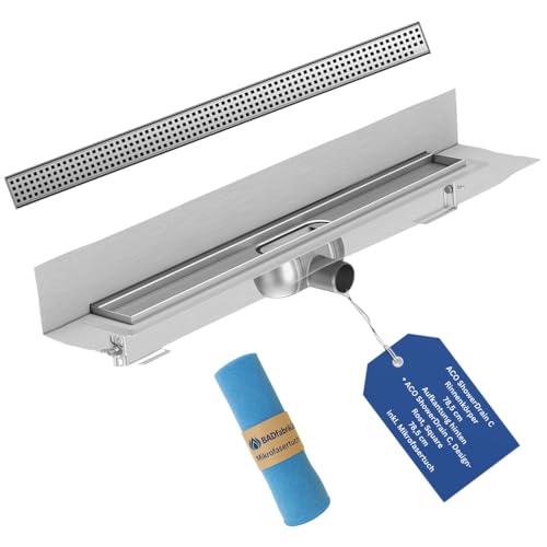 BADfabrik24 ACO ShowerDrain C 5,7–12,8 cm – Rinnenkörper ohne/mit Aufkantung + Design-Rost Square/Tile – inkl. Mikrofasertuch (Rinnenkörper mit Aufkantung hinten + Design-Rost Square 78,5 cm) von BADfabrik24