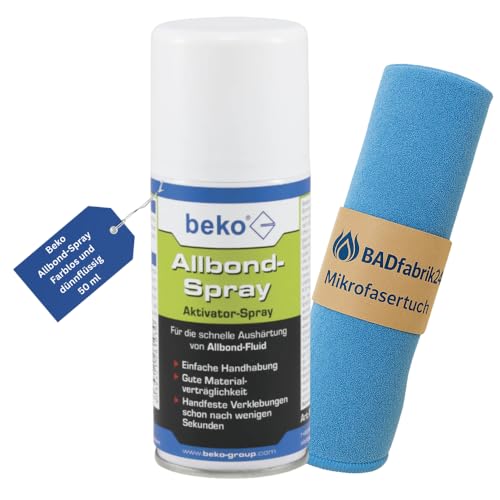BADfabrik24 Allbond Aktivator-Spray 50 ml + Mikrofasertuch – Beschleuniger für Sekundenkleber, farblos & dünnflüssig – Cyanacrylat-Kleber schneller härten von BADfabrik24