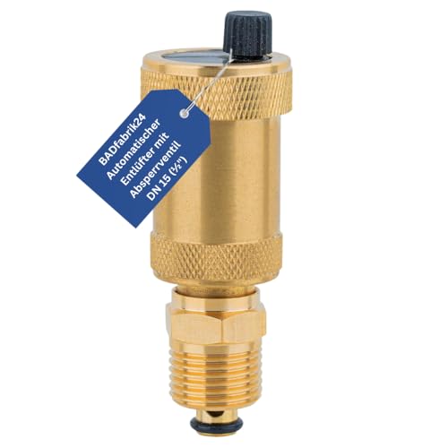 BADfabrik24 Automatischer Entlüfter mit Absperrventil DN 15 (½") – Luftabscheider für Heizungsanlagen – Messing – wartungsfreundlich – 12 bar – 110 °C – Anschluss unten – Außengewinde von BADfabrik24