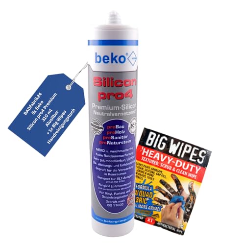 BADfabrik24 Beko Silicon pro4 Premium 310 ml + Big Wipes – Profi-Silikon für Bad, Küche & Bau – Schimmelresistent, haftstark, UV-beständig (Alusilber, 5) von BADfabrik24