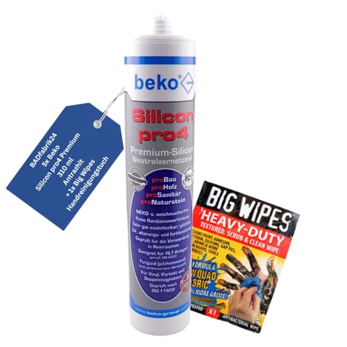 BADfabrik24 Beko Silicon pro4 Premium 310 ml + Big Wipes – Profi-Silikon für Bad, Küche & Bau – Schimmelresistent, haftstark, UV-beständig (Anthrazit, 5) von BADfabrik24