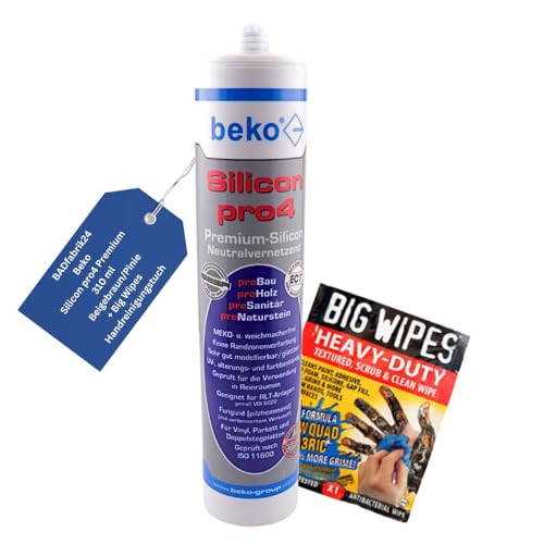 BADfabrik24 Beko Silicon pro4 Premium 310 ml + Big Wipes – Profi-Silikon für Bad, Küche & Bau – Schimmelresistent, haftstark, UV-beständig (Beigebraun/Pinie, 1) von BADfabrik24