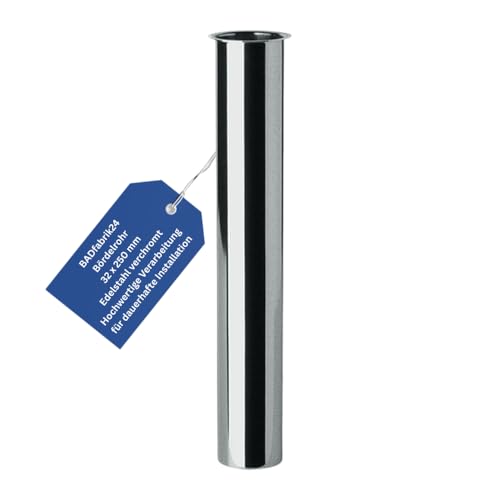 BADfabrik24 Bördelrohr Edelstahl verchromt DN32 – 200/250/300 mm, gerade Ausführung, für Siphonanschluss, Ø 32 mm,Rohr für Waschtisch, Ablaufrohr verchromt, Edelstahl Siphonrohr, Sanitär Rohr (250 mm) von BADfabrik24