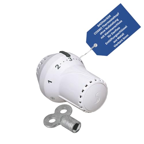 BADfabrik24 Thermostatkopf ohne Nullstellung mit Klemmanschluss für Danfoss + Entlüftungsschlüssel aus Metall 5 mm Vierkant – 1 Stück | Heizkörper Thermostat Set von BADfabrik24