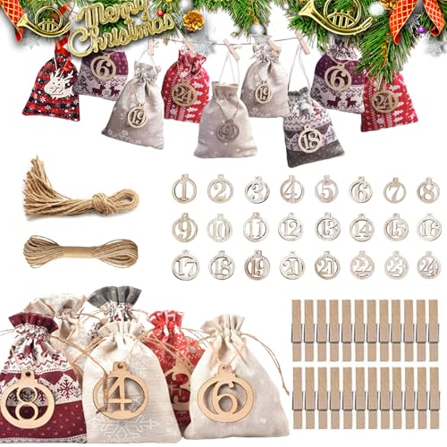 Machen Sie Ihre eigenen Adventskalendertüten 2024, 24 Tage Weihnachts-Countdown-Sackleinenbeutel mit Kordelzug und wiederverwendbaren Holzklammern und Hanfseil, hängende Geschenktüte für Erwachsene von BAEIDO